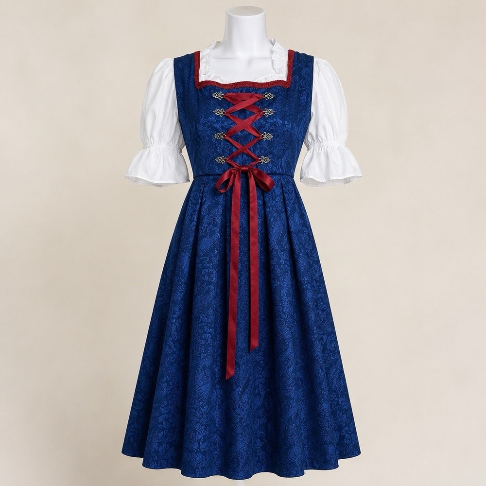 Women Dirndl Dress & Top Sz M Blue Red Lace Up Corset Renfaire Oktoberfest Beer